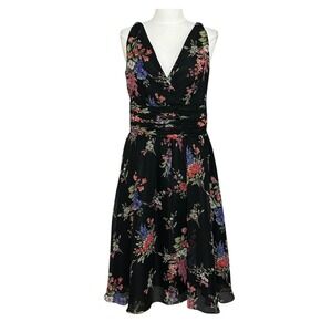 VTG DJ Summers Womens Dress 12 Black Floral Ruched Chiffon Dark Fairy Romantic